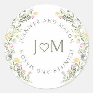 Kleurrijke Meadow Wild Flower Wedding Monogram Ronde Sticker