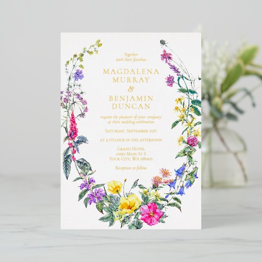 Kleurrijke Meadow Wildflowers Herb Garden Wedding Folie Uitnodiging (Staand Voorkant)