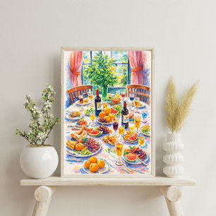 Kleurrijke mediterrane stilleven tafel met wijn poster