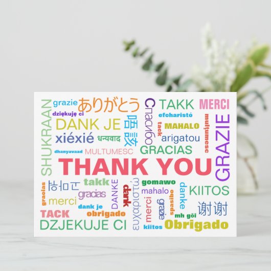 Kleurrijke meertalige typografie plat bedankkaart (Staand voorkant)