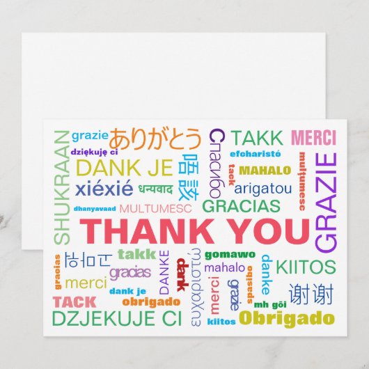 Kleurrijke meertalige typografie plat bedankkaart (Voorkant / Achterkant)