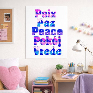 Kleurrijke meertalige vredeswoordkunst met harten poster