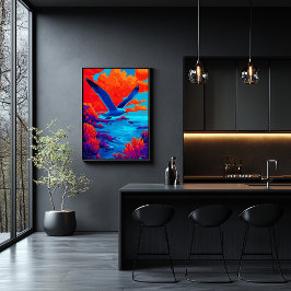Kleurrijke meeuwenvlucht boven een levendige kust poster