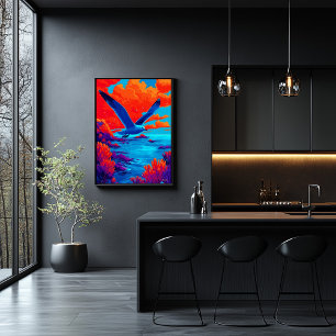 Kleurrijke meeuwenvlucht boven een levendige kust poster