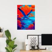 Kleurrijke meeuwenvlucht boven een levendige kust poster (Thuiskantoor)