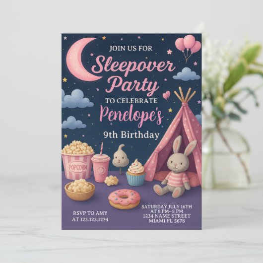 Kleurrijke meisjes Sleepover Party Uitnodiging (Staand voorkant)