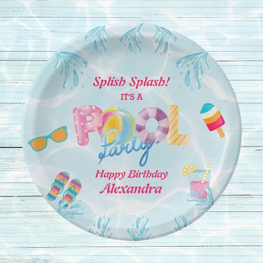 Kleurrijke Meisjes Zwembad Verjaardagsfeest Papieren Bordje