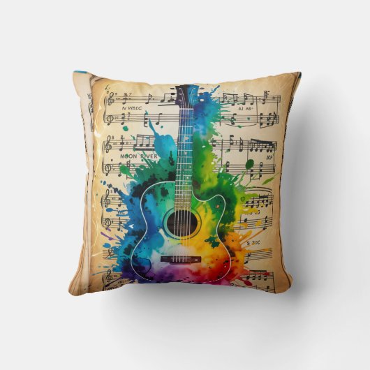 Kleurrijke melodie: geschilderde gitaar op  muziek kussen (Achterkant)