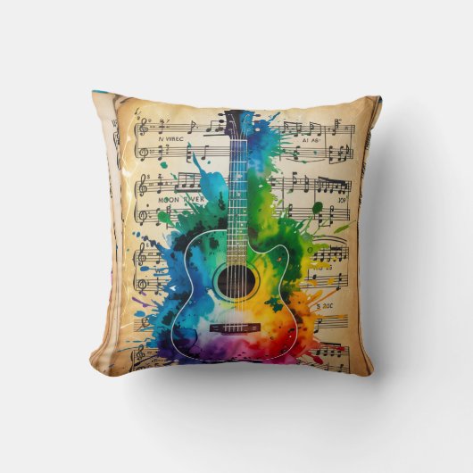 Kleurrijke melodie: geschilderde gitaar op  muziek kussen (Voorkant)