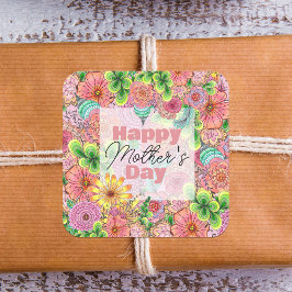 Kleurrijke Met de Hand Getekende Bloemen Moederdag Vierkante Sticker