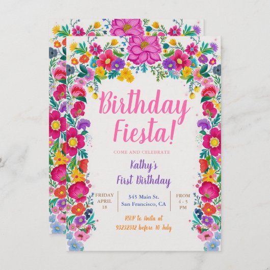 Kleurrijke Mexicaanse bloem Fiesta 1e verjaardagsf Kaart (Voorkant / Achterkant)