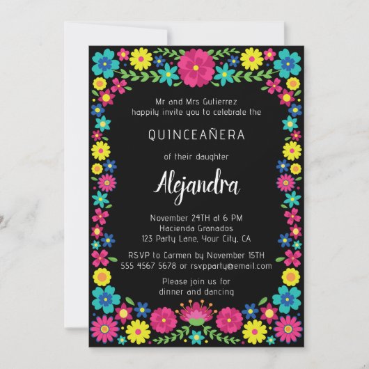 Kleurrijke Mexicaanse bloemen quinceañera uitnodig Aankondiging (Voorkant)