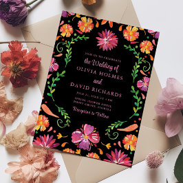 Kleurrijke Mexicaanse Bloemrijke Fiesta Huwelijksu Kaart