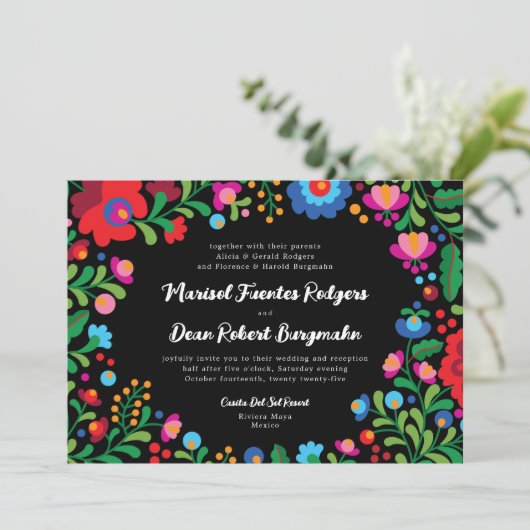 Kleurrijke Mexicaanse borduurwerk bruiloft uitnodi Kaart (Staand voorkant)