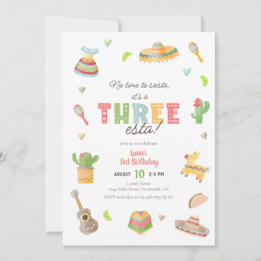 Kleurrijke Mexicaanse Fiesta 3e verjaardag uitnodi Kaart (Voorkant)