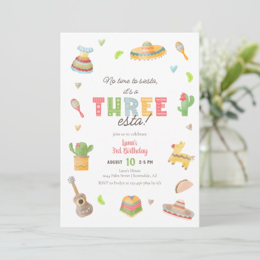 Kleurrijke Mexicaanse Fiesta 3e verjaardag uitnodi Kaart (Staand voorkant)