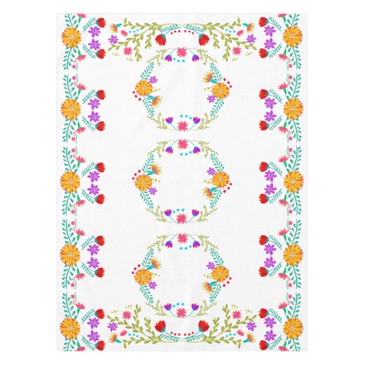 Kleurrijke Mexicaanse Fiesta Bloemen op Wit Tafelkleed (Voorkant)