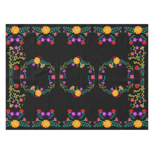 Kleurrijke Mexicaanse Fiesta Bloemen op Zwart Tafelkleed (Voorkant (Horizontaal))