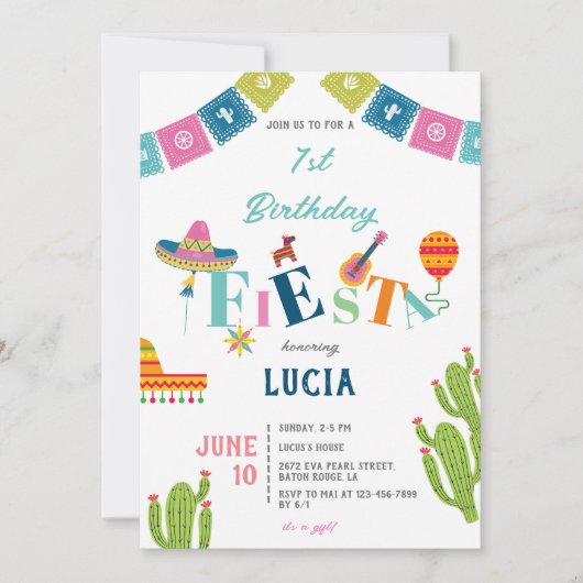 Kleurrijke Mexicaanse Fiesta Cactus 1e Verjaardag Kaart (Voorkant)