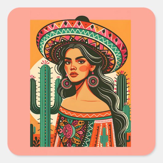 Kleurrijke Mexicaanse Fiesta Cactus Vierkante Sticker (Voorkant)
