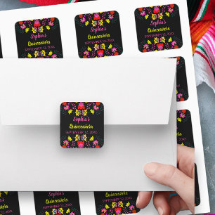 Kleurrijke Mexicaanse Fiesta Feest Bloemen Zwart Vierkante Sticker