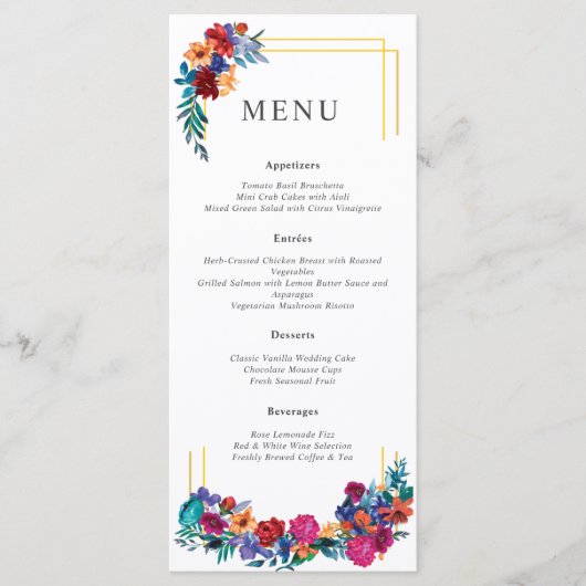 Kleurrijke Mexicaanse Fiesta Floral Wedding Menu (Voorkant)