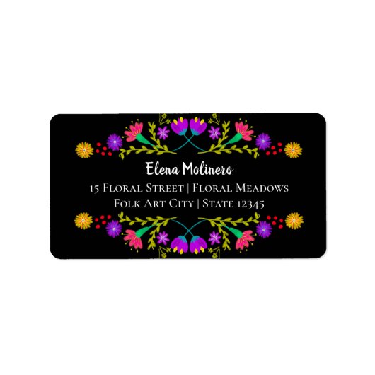 Kleurrijke Mexicaanse Fiesta Folk Art Zwart Adres Etiket (Voorkant)