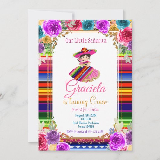 Kleurrijke Mexicaanse Fiesta Verjaardag Gold Girl Kaart (Voorkant)