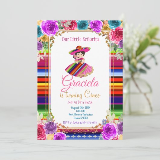 Kleurrijke Mexicaanse Fiesta Verjaardag Gold Girl Kaart (Staand voorkant)