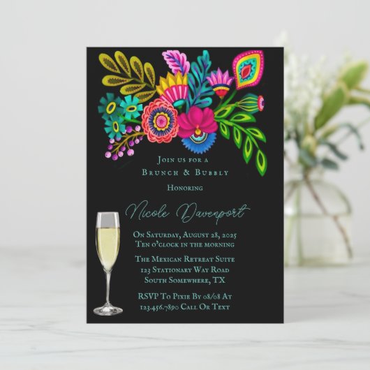 Kleurrijke Mexicaanse Flora Brunch en Mousserende Kaart (Staand voorkant)