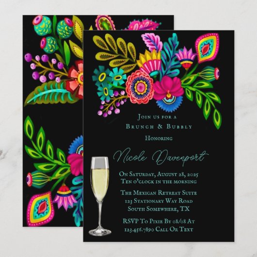 Kleurrijke Mexicaanse Flora Brunch en Mousserende  Kaart (Voorkant / Achterkant)