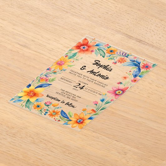 Kleurrijke Mexicaanse Floral Fiesta bruiloft Acryl Uitnodigingen (Laagn)