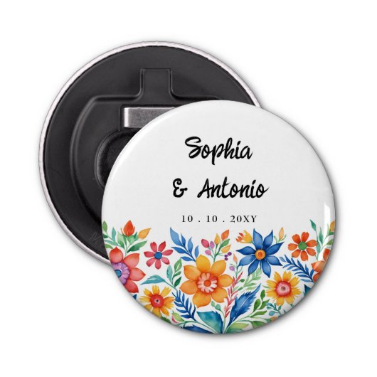 Kleurrijke Mexicaanse Floral Fiesta bruiloft Button Flesopener (Voorkant)