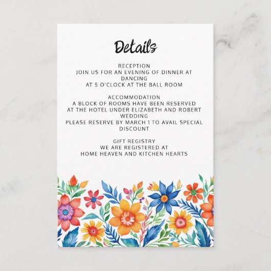 Kleurrijke Mexicaanse Floral Fiesta bruiloft Informatiekaartje (Voorkant)