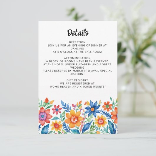 Kleurrijke Mexicaanse Floral Fiesta bruiloft Informatiekaartje (Staand voorkant)
