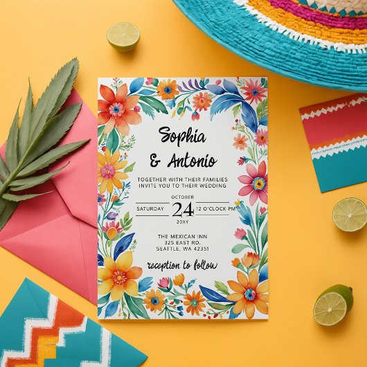 Kleurrijke Mexicaanse Floral Fiesta bruiloft Kaart
