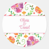 Kleurrijke Mexicaanse Floral Fiesta bruiloft Ronde Sticker (Voorkant)