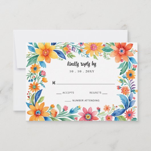 Kleurrijke Mexicaanse Floral Fiesta bruiloft RSVP Kaartje (Voorkant)