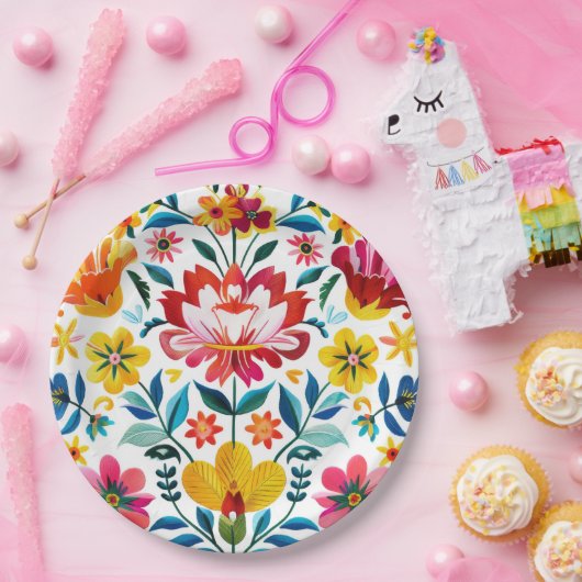 Kleurrijke Mexicaanse Folk Art Floral Papieren Bordje (Feest)