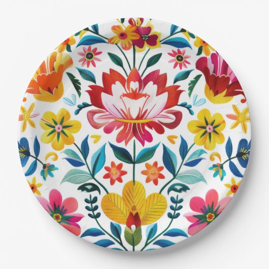 Kleurrijke Mexicaanse Folk Art Floral Papieren Bordje (Voorkant)