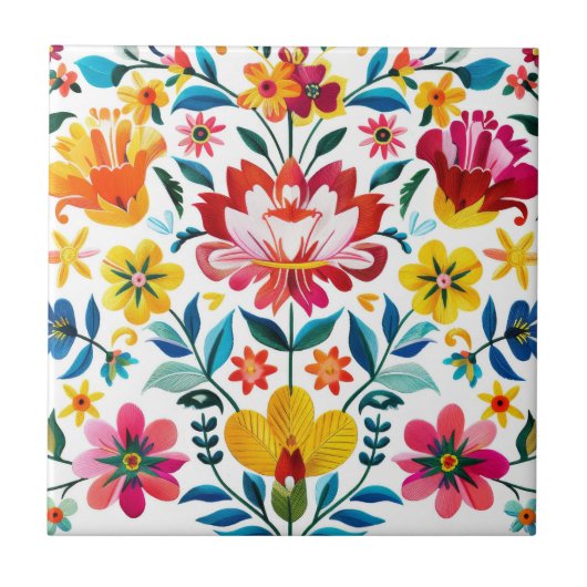 Kleurrijke Mexicaanse Folk Art Floral Tegeltje (Voorkant)