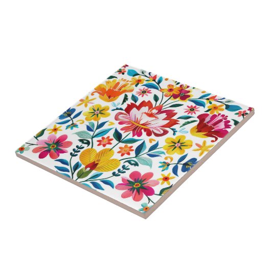 Kleurrijke Mexicaanse Folk Art Floral Tegeltje (Zijkant)