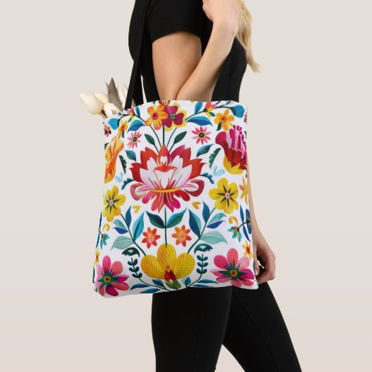 Kleurrijke Mexicaanse Folk Art Floral Tote Bag (Dichtbij)