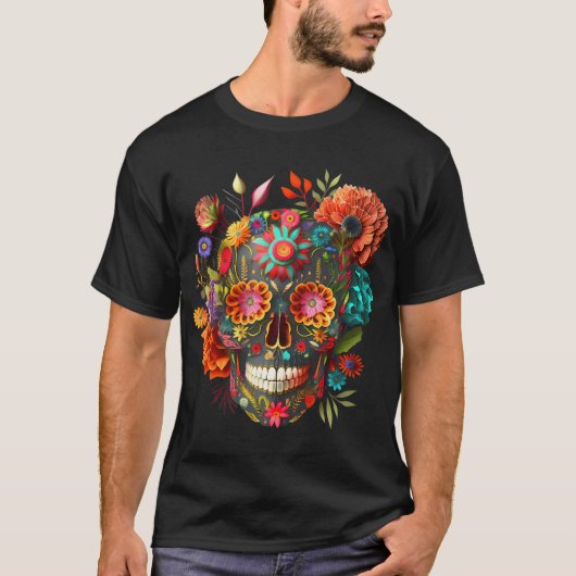Kleurrijke Mexicaanse schedels Bloemen Halloween C T-shirt (Voorkant)