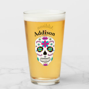 Kleurrijke Mexicaanse suikerschedel met naam Glas
