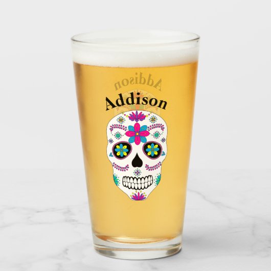 Kleurrijke Mexicaanse suikerschedel met naam Glas (Voorkant gevuld)