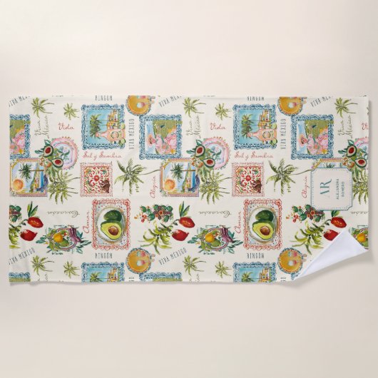 Kleurrijke Mexicaanse Travel Print Monogram Strandlaken (Voorkant)