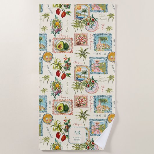 Kleurrijke Mexicaanse Travel Print Monogram Strandlaken (Voorkant)