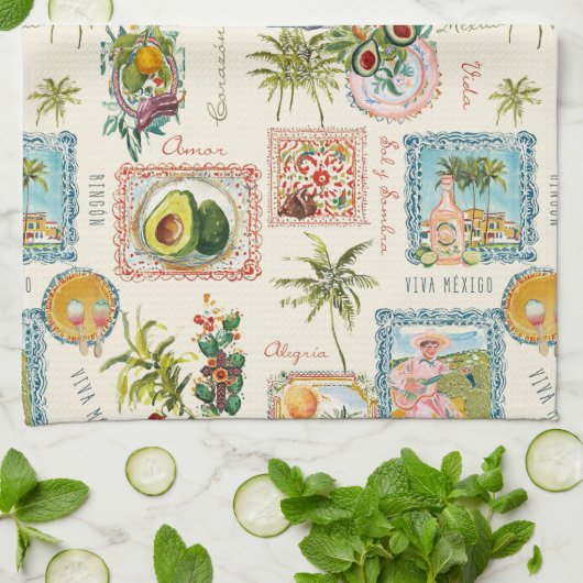 Kleurrijke Mexicaanse Travel Print Monogram Theedoek (Gevouwen)