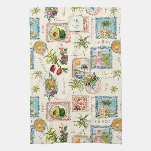 Kleurrijke Mexicaanse Travel Print Monogram Theedoek (Verticaal)